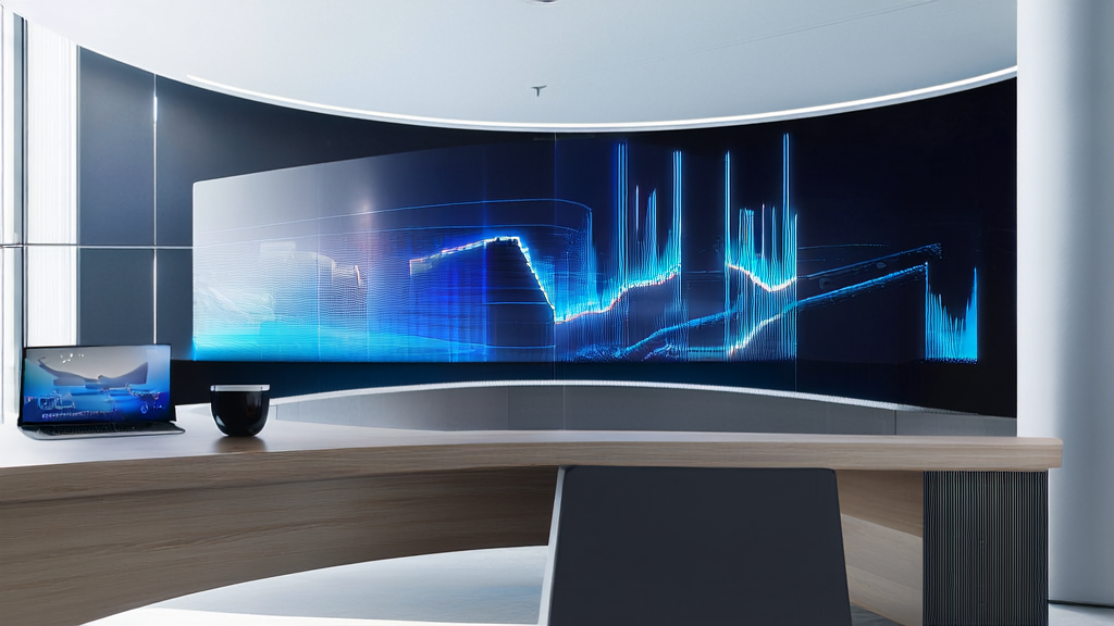 Modern independent site office showcasing AI keyword optimization technology, with sunlight illuminating data charts and success story posters