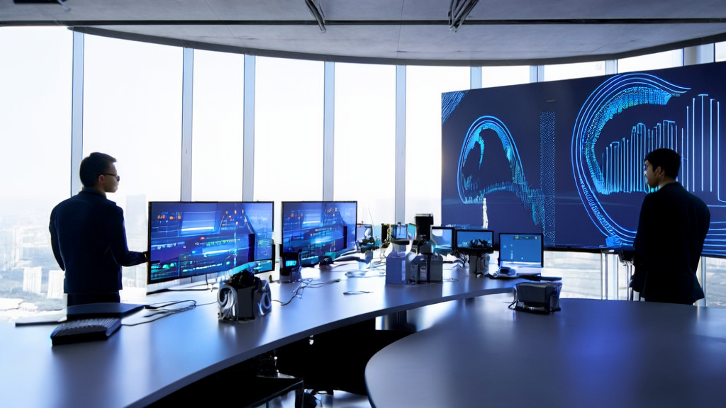 Employees in a modern office are using AI technology for keyword optimization to boost search engine traffic and brand awareness for an independent station.