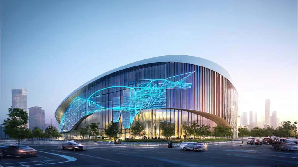 未来城市的独立站办公楼，展示AI关键词优化技术的应用场景