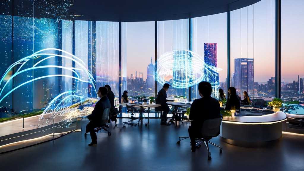 未来城市中的独立站办公室,利用AI关键词优化技术实现流量大爆发