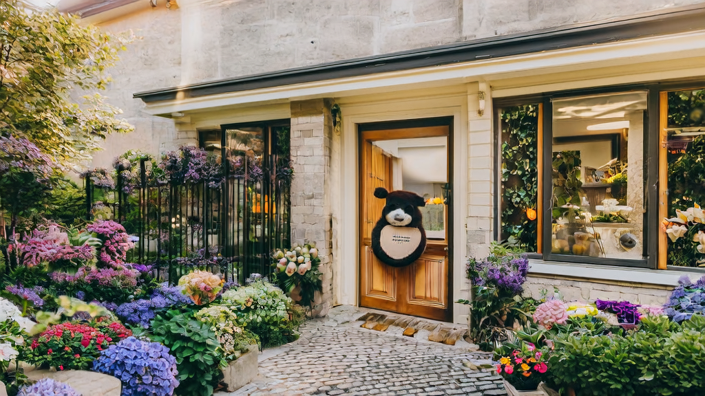 阳光下的现代别墅和花店,大熊猫手持“AI关键词优化”牌子欢迎顾客