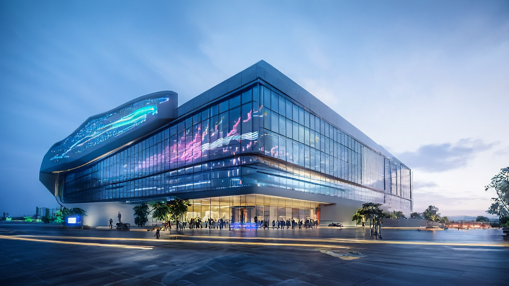 未来城市中的独立站办公楼，员工们正在利用AI技术优化关键词，提升网站流量和转化率