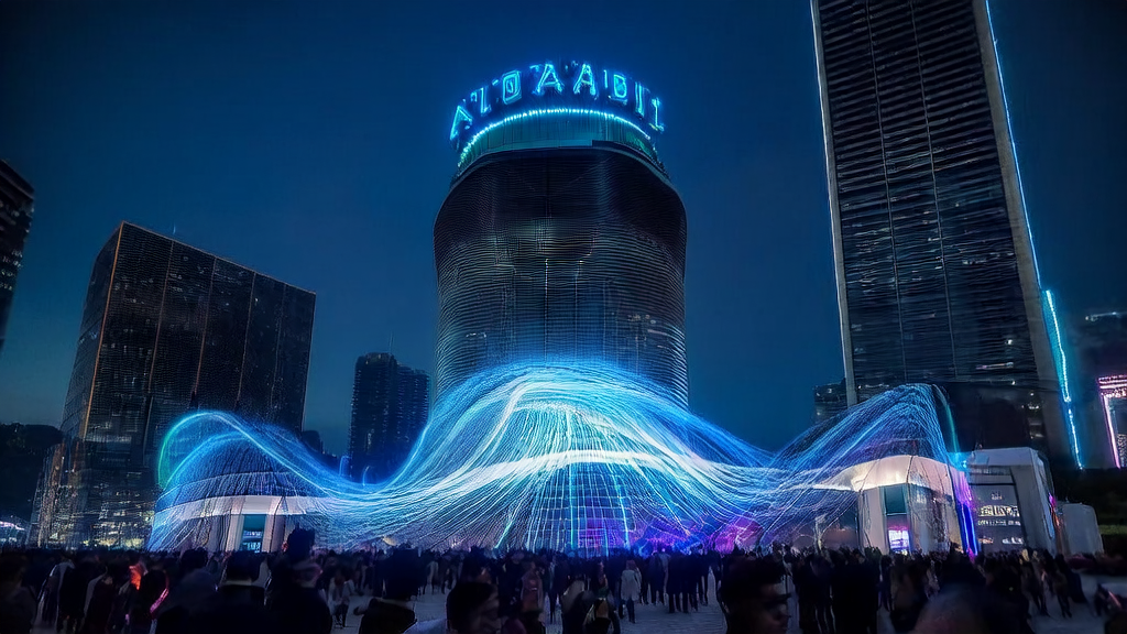 A futuristic city at night where independent sites leverage AI technology to achieve traffic surge, businessmen analyze data via smart devices, and the server center emits a soft glow.