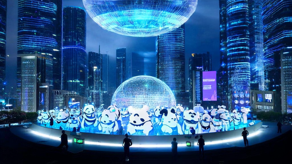 未来城市的AI研发中心，研究人员与虚拟小熊猫互动，展示独立站通过AI关键词优化实现流量暴增