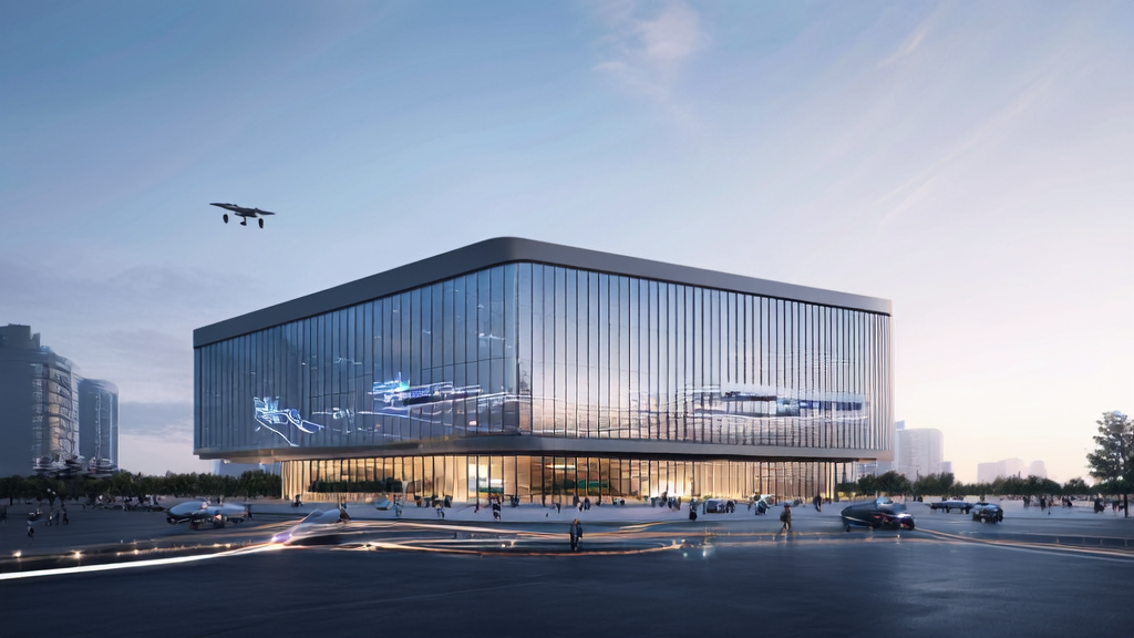 Modern independent station office in a futuristic city, entrepreneurs using AI keyword optimization to achieve traffic explosion