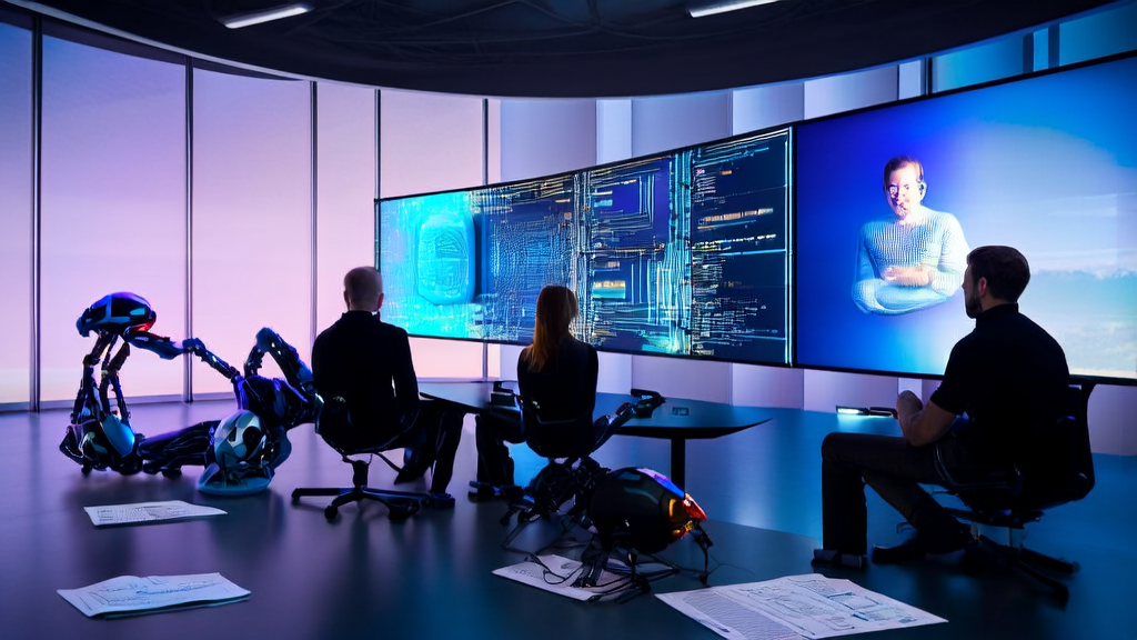 Data scientists discuss AI keyword optimization for high conversion email strategies in an office, with the Gemini robot debugging failure scene and Musk participating remotely.