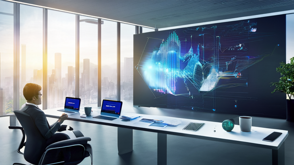Modern office where an administrative assistant uses AI technology for keyword optimization