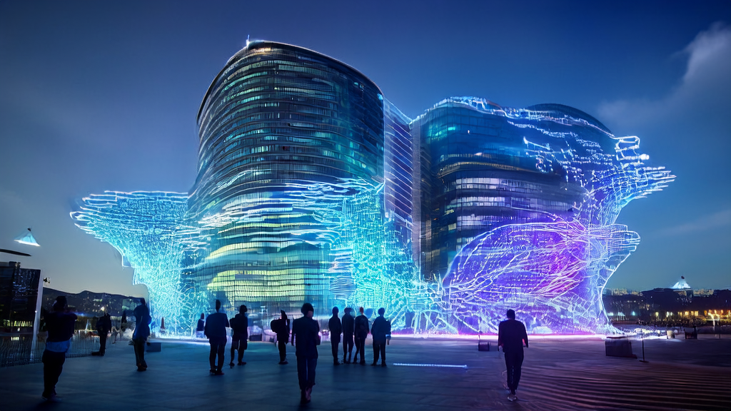 In front of a futuristic independent station building, entrepreneurs are using AI technology for keyword optimization, showcasing the new trends in AI customer acquisition for 2025.