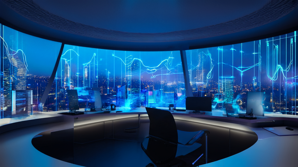 未来城市中的独立站办公室，展示AI关键词优化工具的工作场景