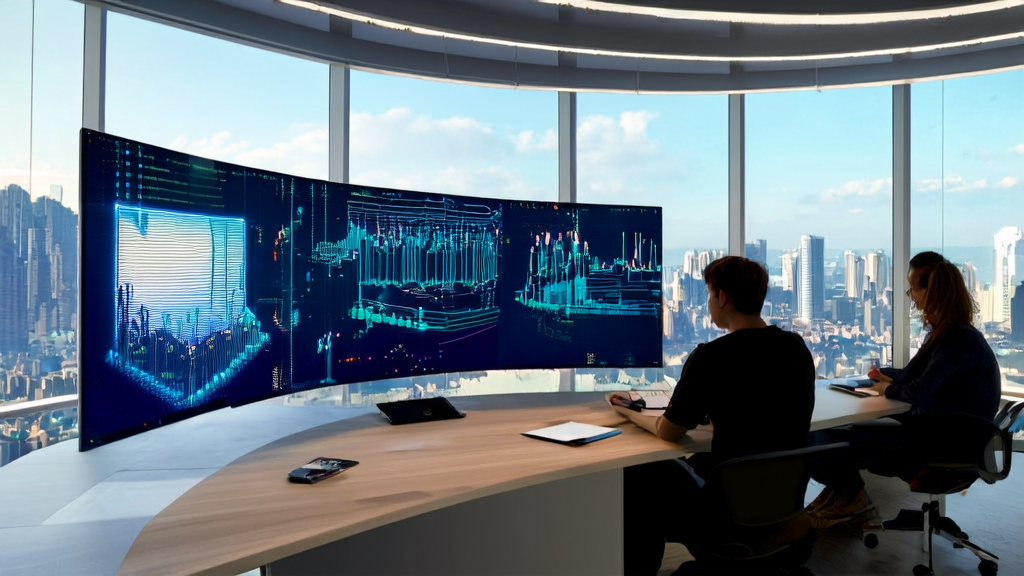 Entrepreneurs in a modern office using AI keyword optimization tools to analyze website traffic, with ClipSketch AI-generated storyboards nearby.