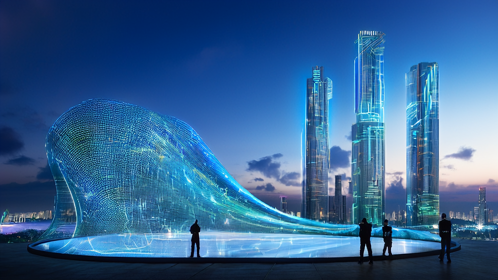 未来城市中的独立站大楼，创业者使用AI技术进行关键词优化，提升网站流量