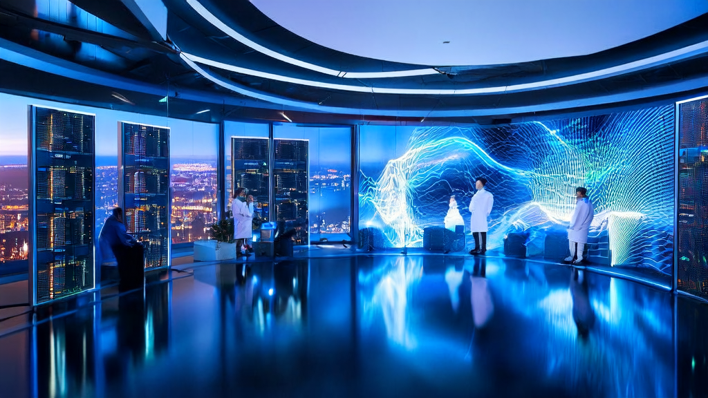 In a futuristic tech laboratory, scientists are researching AI-based customer data cleansing techniques, with a busy city skyline in the background and a prominent ATOM Plan badge.