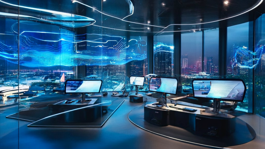 展示了一个高科技办公室内利用AI技术进行获客工作的场景，年轻员工们在智能设备前专注地分析客户数据。