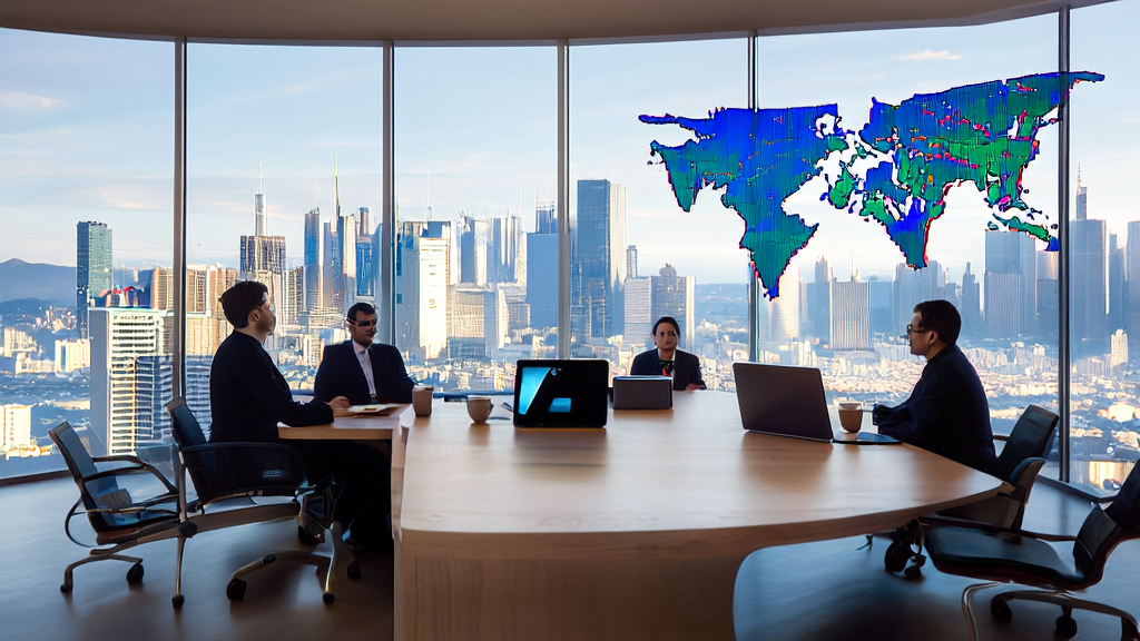 办公室内商务人士讨论AI获客策略,使用Opera Neon浏览器优化客户信息采集