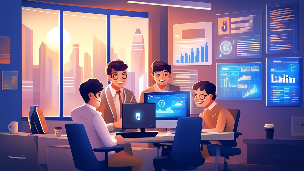 Entrepreneurs in a futuristic office using AI tools to analyze LinkedIn data and find potential leads.