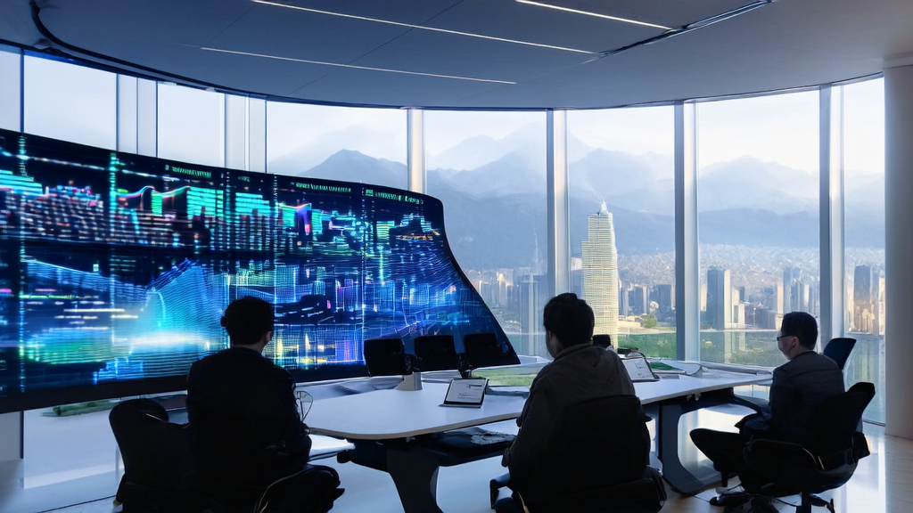 在一个高科技办公室中，程序员们正在利用AI工具从Quora采集客户数据并进行分析，窗外是繁华的城市景象和远方的山脉。