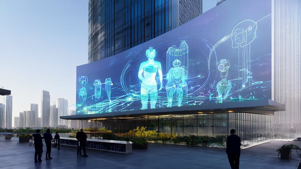 未来城市的高楼大厦中，技术人员通过AI平台优化跨境电商广告投放策略，实现精准获客和成本节约。