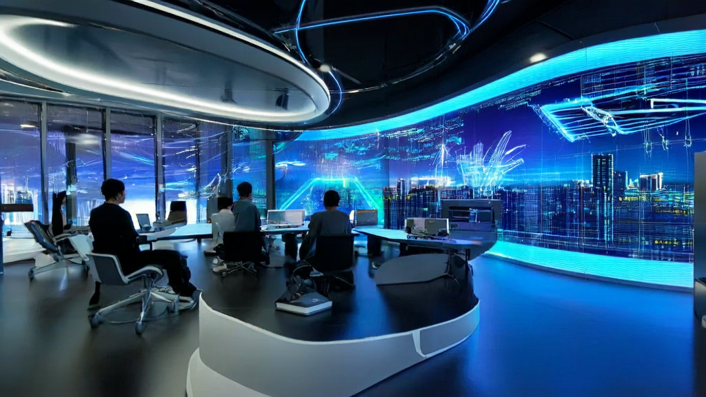 Tech professionals discussing AI email automation tools for cross-border e-commerce in 2025 in a futuristic office