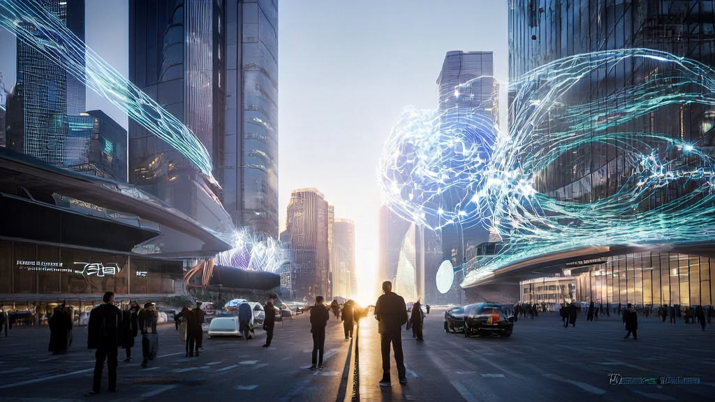 未来城市的街头，一位创业者正在使用AI技术优化广告投放，背景中有实时翻译器在工作，展示多语言交流的无缝转换。