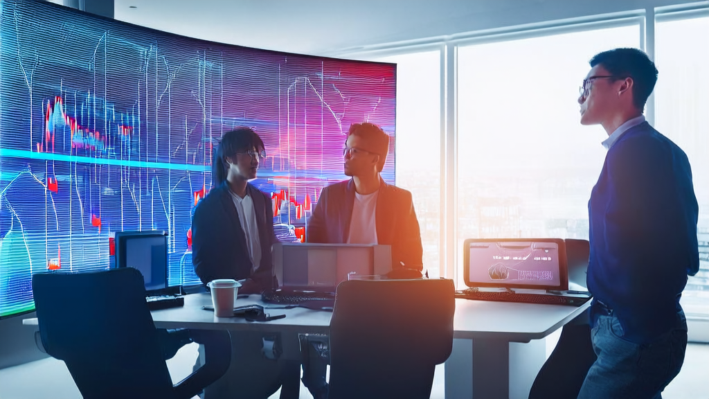 四位创业者在充满阳光的办公室中探讨AI技术的应用，背景墙上的图表展示了公司的成长历程。