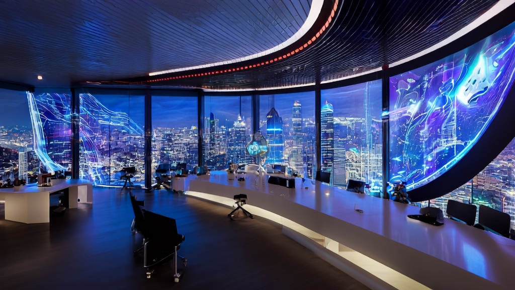 未来办公室内员工利用AI技术进行跨境电商精准获客和数据分析