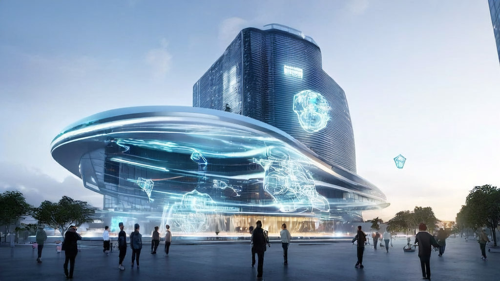 未来城市中的高科技大厦，展示AI引领跨境电商获客新趋势