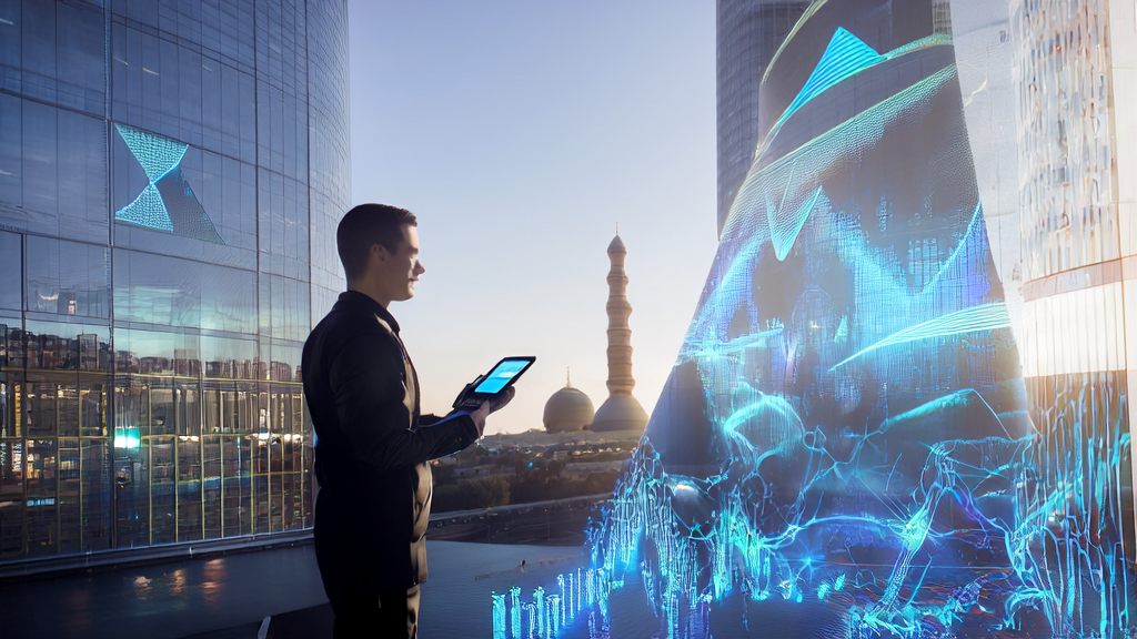 A tech entrepreneur in a futuristic city uses AI to analyze global market data, driving cross-border commerce innovation and growth