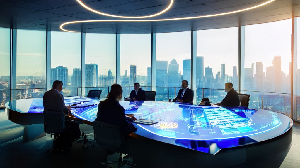 阳光照射下的现代化办公大楼内，高管们正在讨论AI技术如何实现低成本高转化的高效获客。