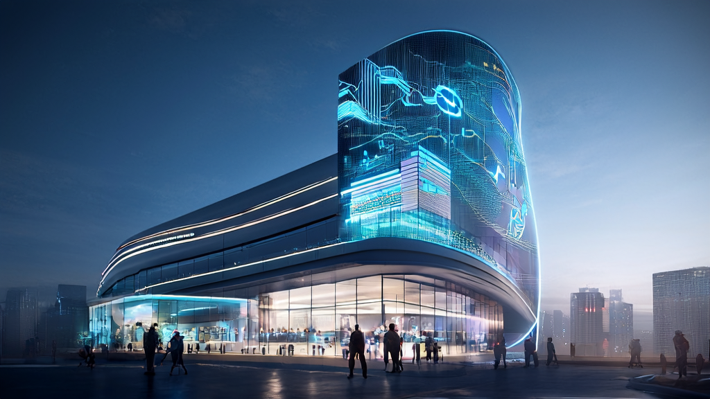 A high-tech skyscraper in a futuristic city, showcasing the application of AI-powered smart marketing automation and the secret collaboration between Musk and Zuckerberg regarding OpenAI.