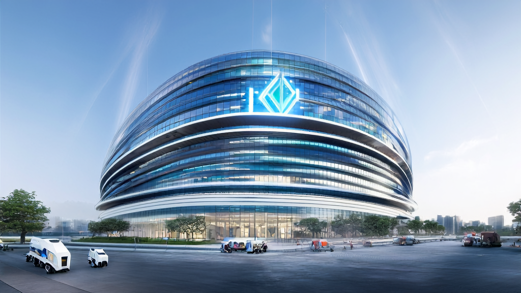A modern cross-border e-commerce building in a futuristic city, showcasing the application of AI technology in business