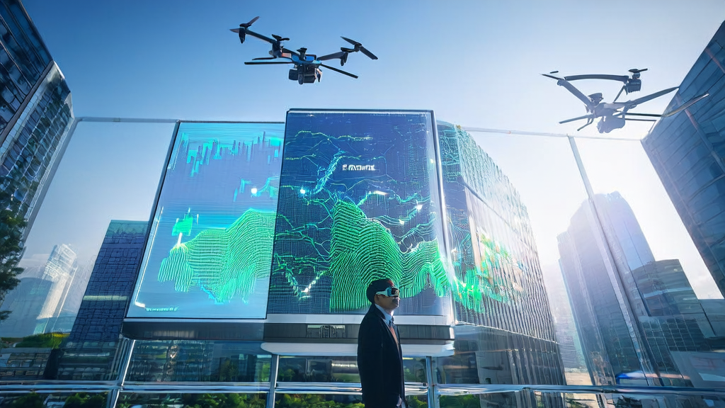 未来城市中，数据分析师通过智能眼镜和高性能电脑分析制造业海关数据，实现精准获客。