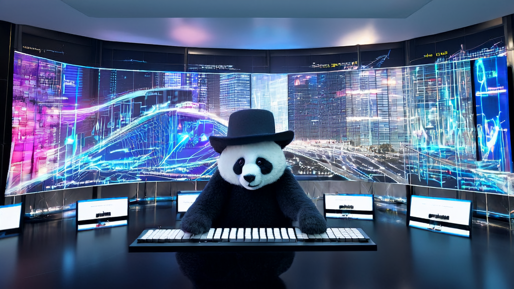 未来科技办公室内的工作人员正在利用AI技术进行邮件营销A/B测试，桌上放着一个戴着大檐帽的羊毛毡大熊猫。