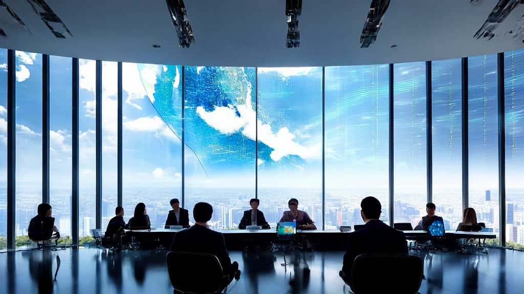 In a futuristic office, entrepreneurs optimize cross-border e-commerce advertising using AI technology and Alibaba's “Baoling“ voice model for multilingual and emotional switching.