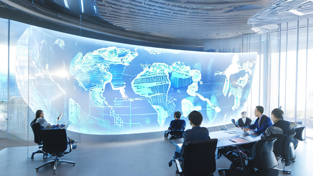 未来的跨境电商办公室中，智能电脑和具身智能机器人协作优化邮件营销策略