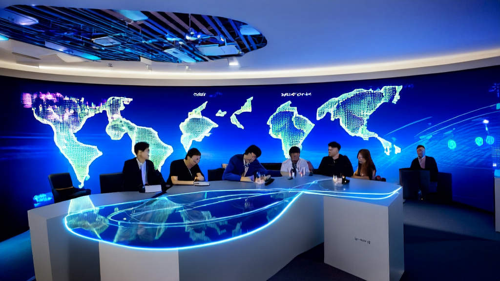 In a futuristic office, entrepreneurs discuss new AI-driven strategies for cross-border e-commerce acquisition