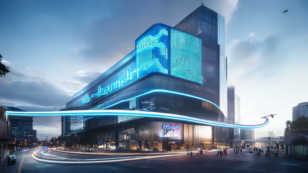 2025年AI技术引领跨境电商获客新风向：智能物流机器人和现代化办公大楼展示了AI驱动的未来场景