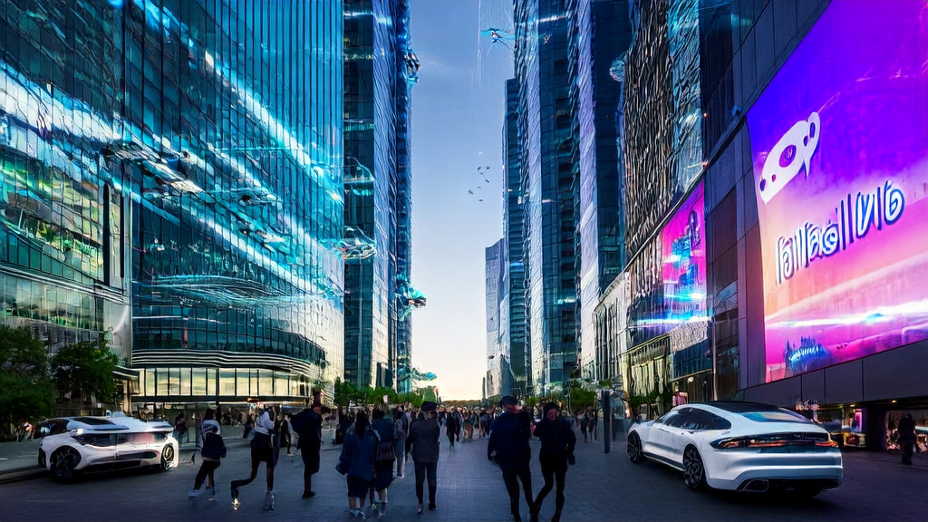 AI-driven advertising and autonomous vehicles in a futuristic city, showcasing new trends in cross-border e-commerce customer acquisition in 2025