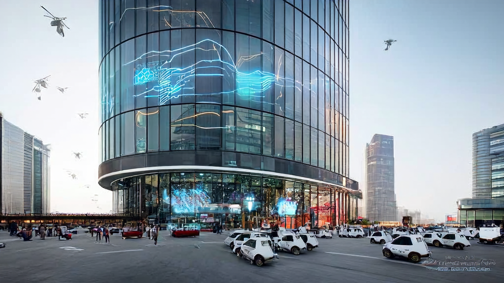 未来城市的跨境电商营销场景，展示了AI技术在广告投放和获客中的应用