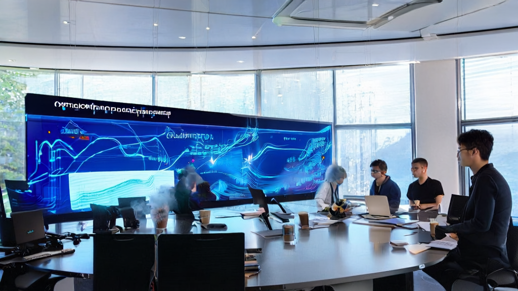 In a futuristic tech office, entrepreneurs discuss AI email automation tools and Google Gemini's video generation AI detection feature for 2025