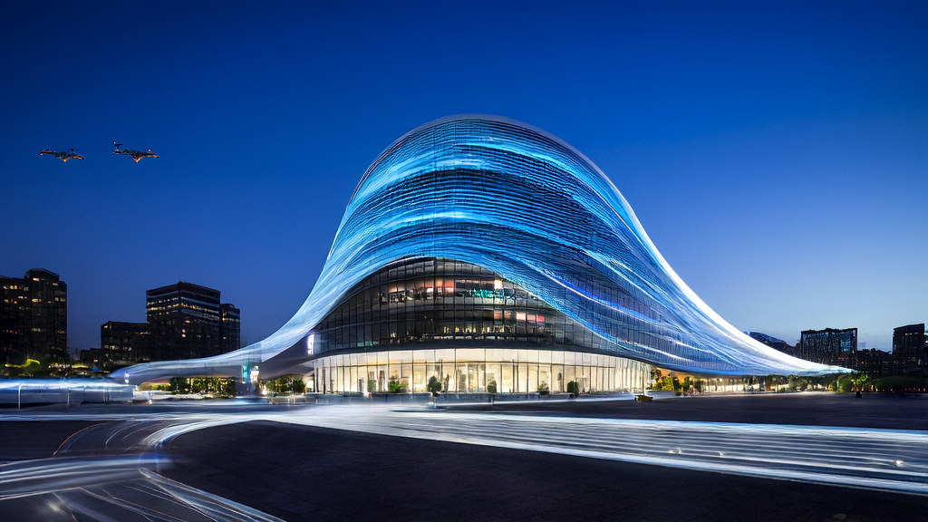 未来城市中的现代化办公大楼,展示AI技术如何助力跨境电商实现高效获客