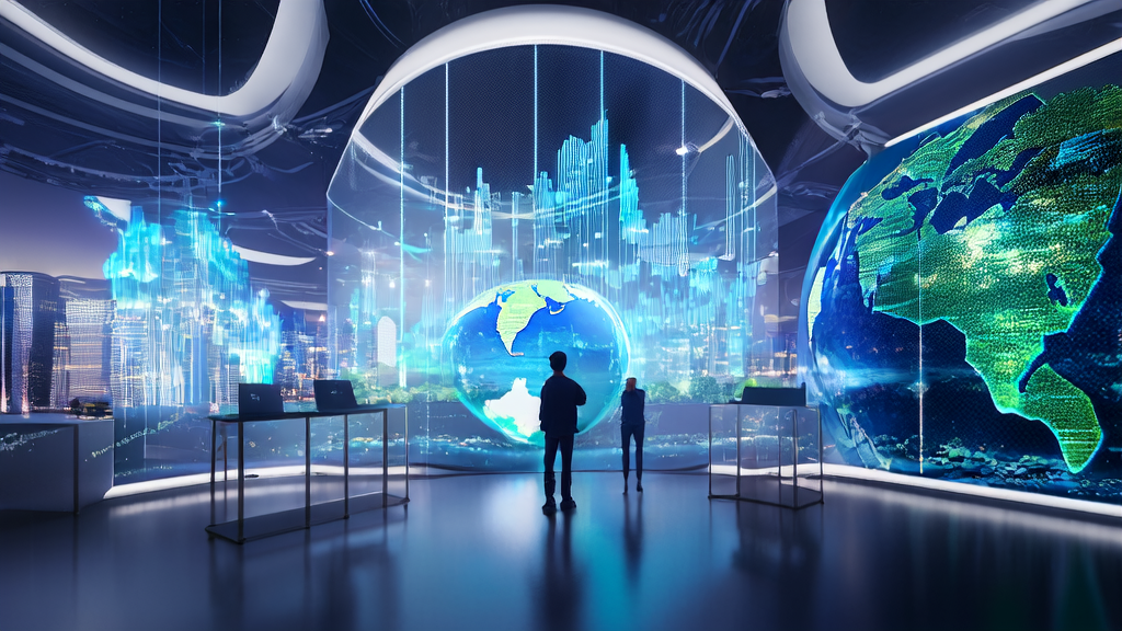 A futurist office where an entrepreneur uses AI tools to analyze global market data, showcasing the application of AI in cross-border e-commerce