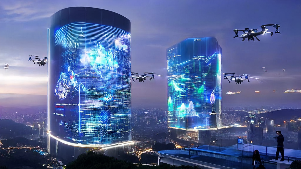 未来城市的AI邮件营销控制中心，展示高效的客户获取策略和技术支持