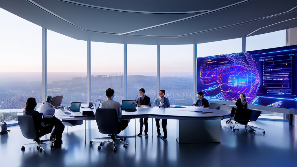 In a futuristic tech office, employees are leveraging AI technology for hyper-personalized email marketing to enhance customer acquisition for export businesses.