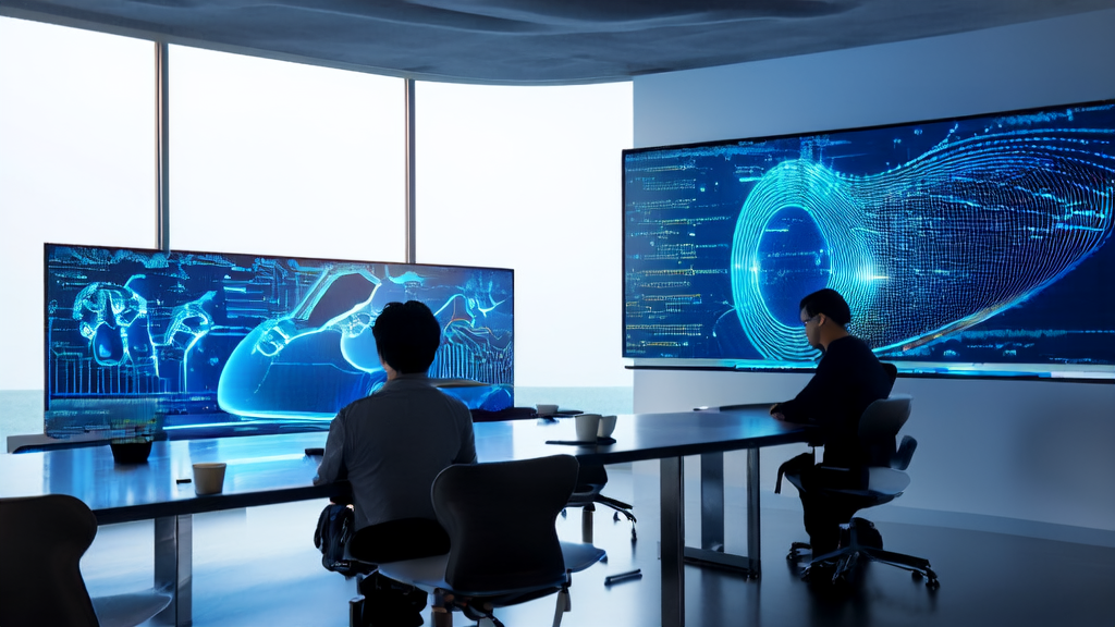 现代化办公室中,程序员们利用AI算法进行客户数据清洗,窗外是繁华的城市天际线。