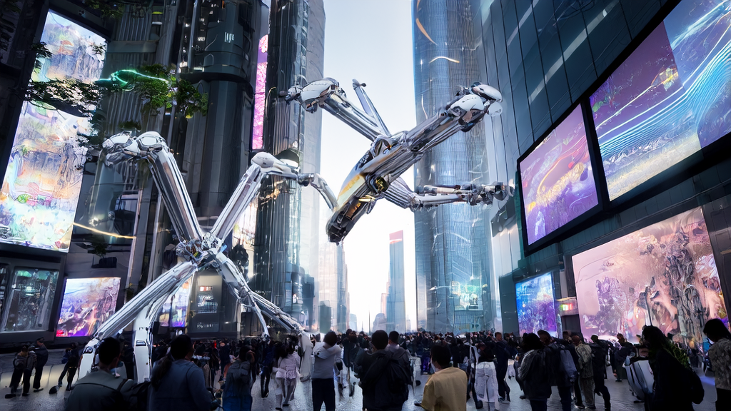 In a futuristic city, an intelligent robot demonstrates graceful falling while AI customer prediction and acquisition solutions are advertised in the background.