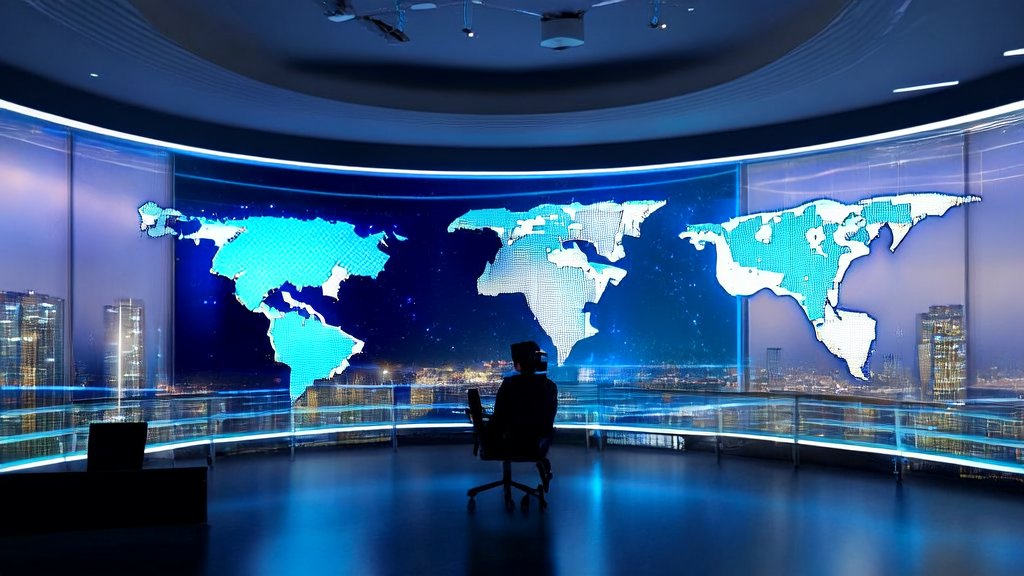 未来科技办公室内的员工利用AI技术进行外贸营销，屏幕上显示全球市场动态，AI机器处理多语言内容创作和客户数据分析