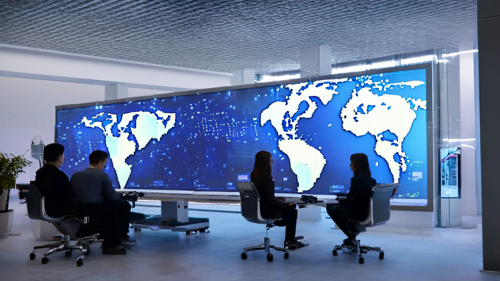 In a futuristic office, a cross-border e-commerce team uses AI for precise customer acquisition and personalized email marketing