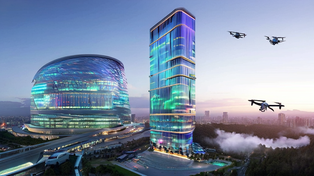 A high-tech skyscraper in a futuristic city where an export company uses AI technology for precise customer acquisition and multilingual marketing