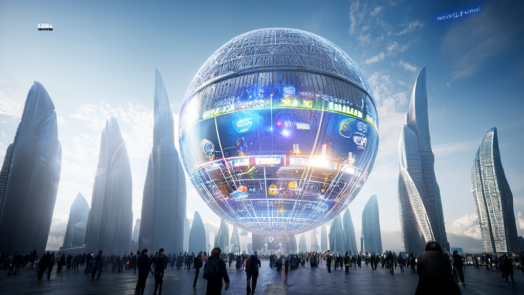 在充满科技感的城市中，透明球体展示多语言AI内容生成技术，周围人们手持智能手机浏览多语言营销内容，背景显示欧盟人工智能法案新闻。