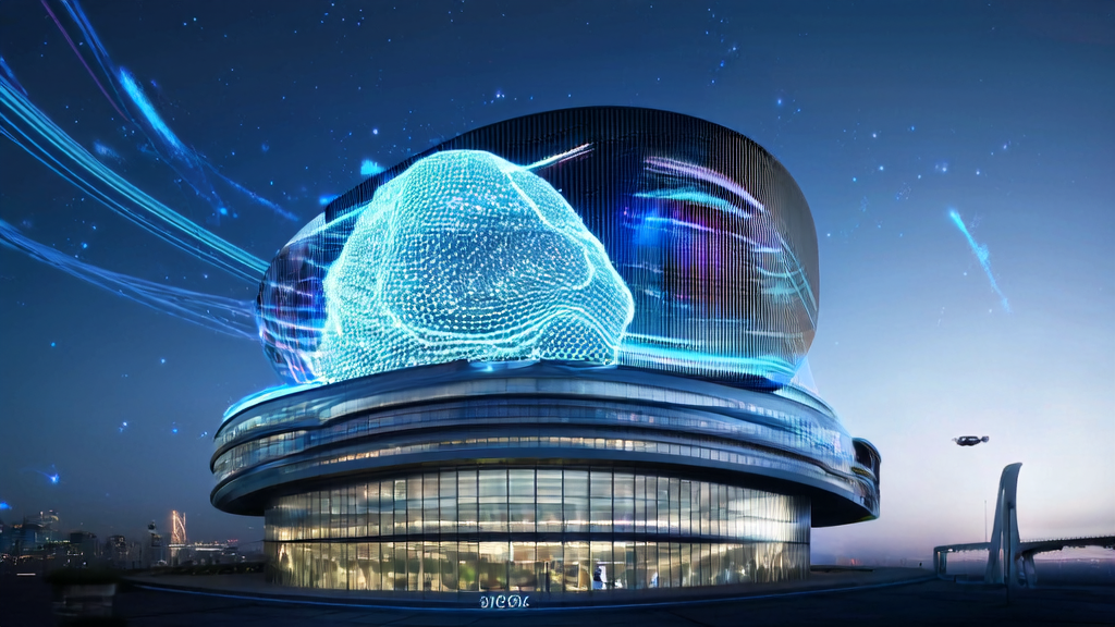 Modern office building in a futuristic city showcasing the “WuJie“ series of models from the Zhiyuan Conference and their AI-driven high-conversion email strategies